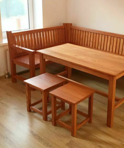 Комплект мебели из массива пихты: угловая скамейка, обеденный стол, табуреты - мастерская Андрея Тахмазян Комплект мебели 001, массив пихты